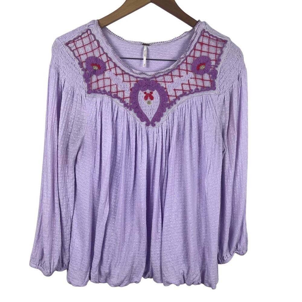 Free People Lavender‎ Embroidered Smocked Peasant Blouse Boho Medium (M537)